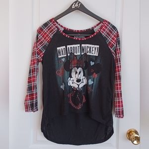 DISNEY MINNIE MOUSE MAD ABOUT MICKEY! HIGH-LOW TOP JUNIOR LARGE 3/4 PLAID SLEEVE